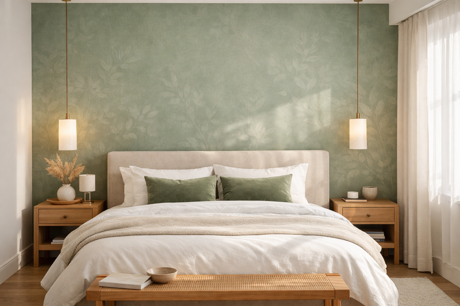 Sage green accent wall with botanical wallpaper in contemporary bedroom