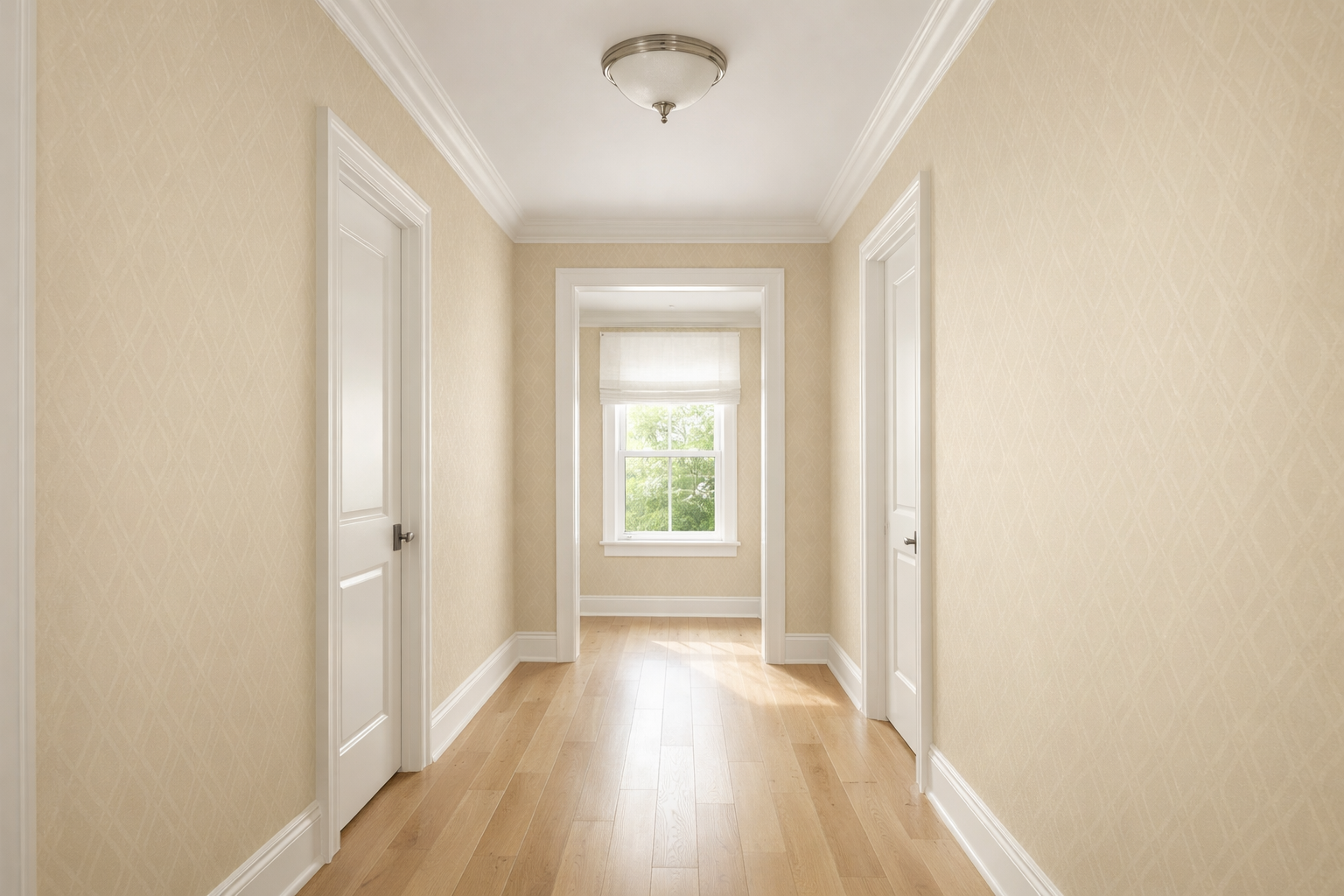 Soft sand-colored wallpaper with geometric patterns in bright hallway