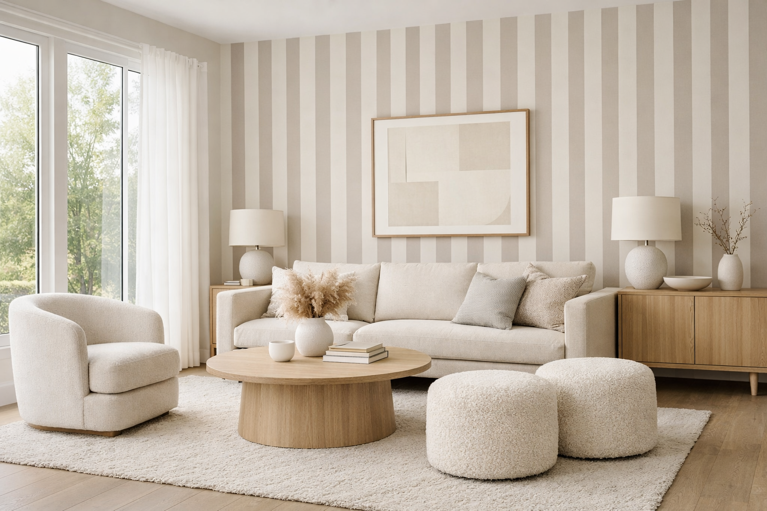 Cream and taupe striped wallpaper in light-filled modern living room